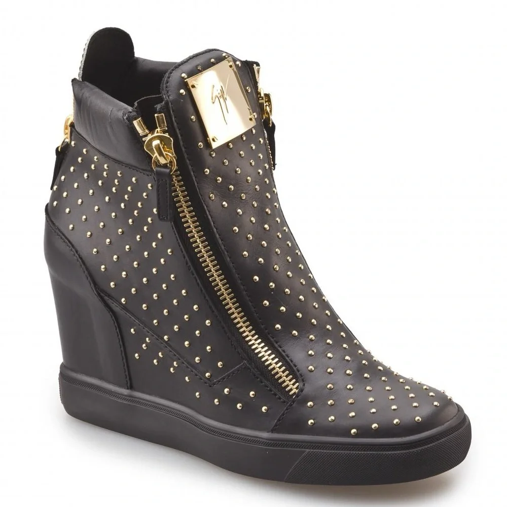 Giuseppe Zanotti Wedge Sneaker Black Leather Gold Studded Boots Heels 39.5 9